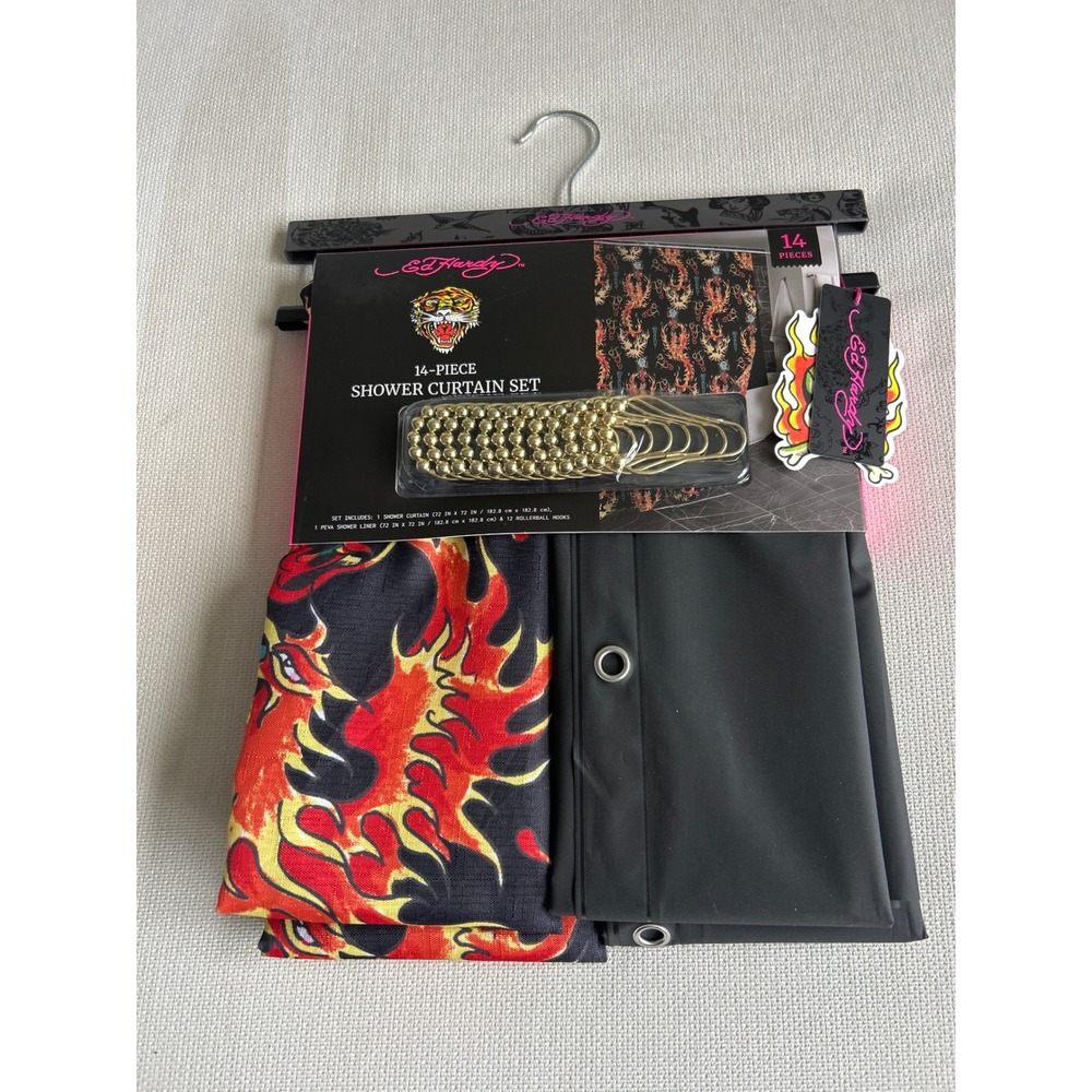 Ed Hardy 14 Piece Shower Curtain Set Dragon Flame Tiger Black Gold Hooks NWT